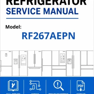 Samsung rf267aepn service manual cover with model code and showing a line drawing of the refrigerator