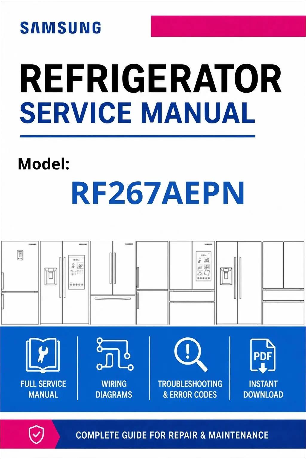 Samsung rf267aepn service manual cover with model code and showing a line drawing of the refrigerator