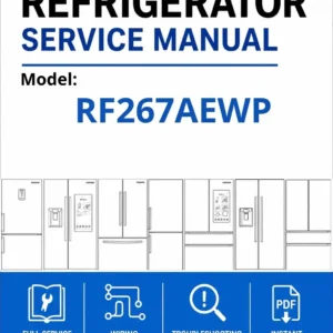 Samsung rf267aewp service manual cover with model code and showing a line drawing of the refrigerator