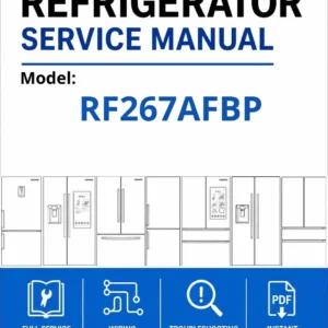 Samsung rf267afbp service manual cover with model code and showing a line drawing of the refrigerator