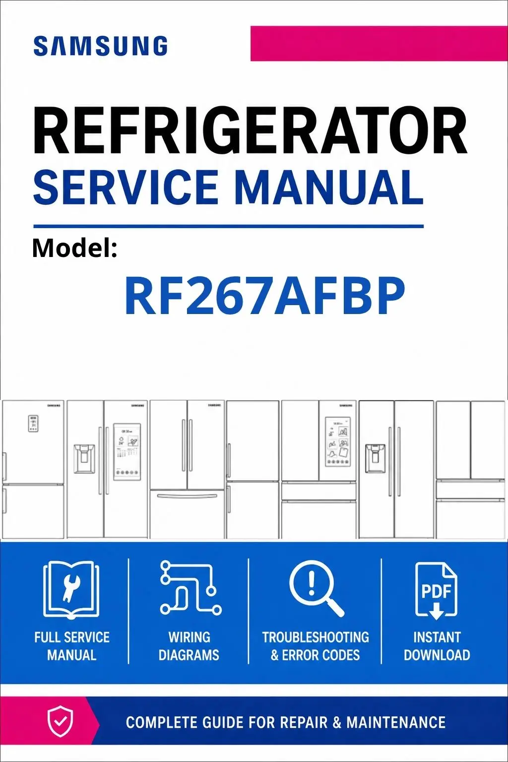 Samsung rf267afbp service manual cover with model code and showing a line drawing of the refrigerator