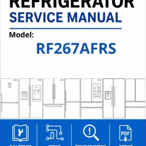 Samsung rf267afrs service manual cover with model code and showing a line drawing of the refrigerator