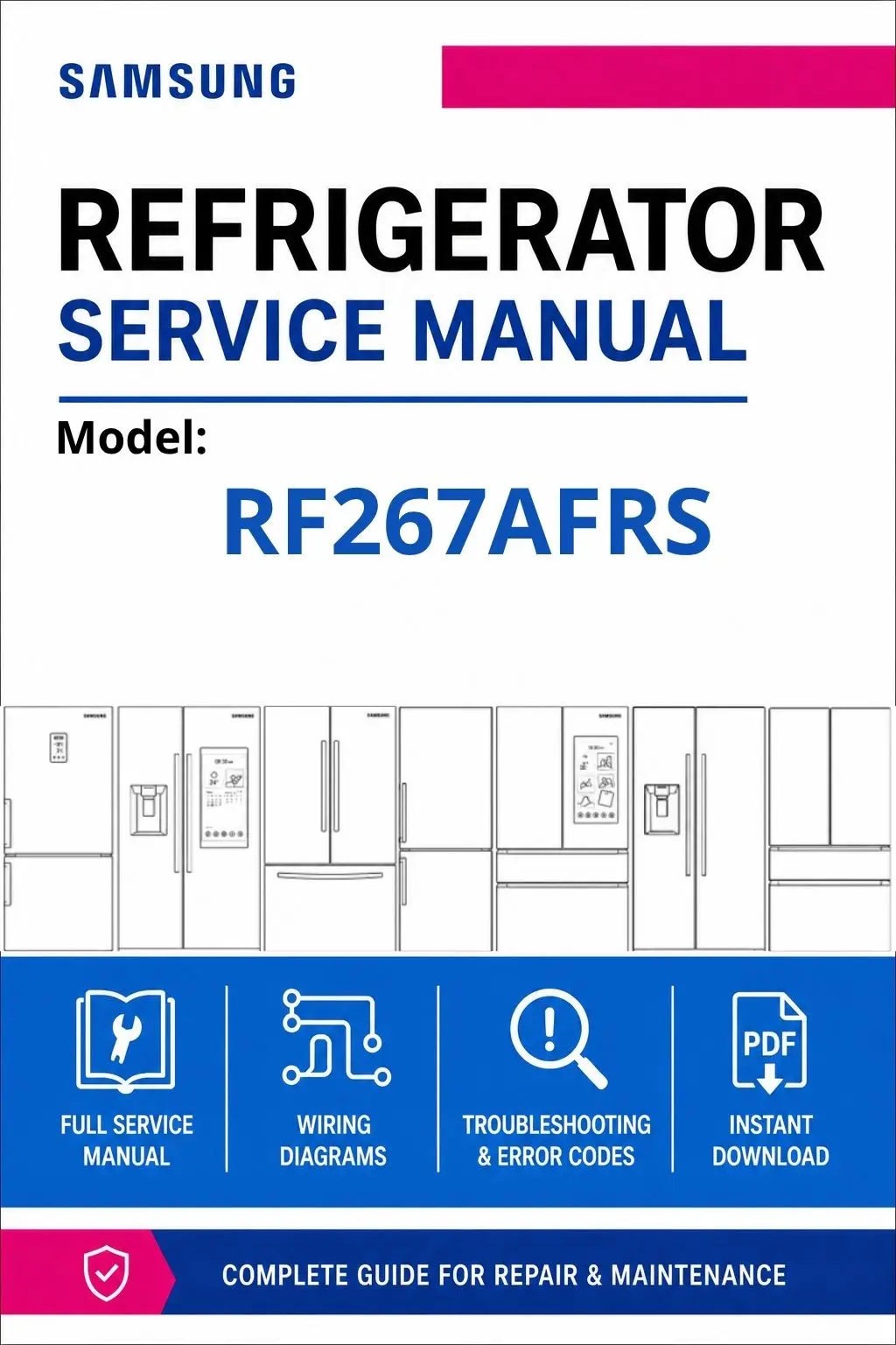 Samsung rf267afrs service manual cover with model code and showing a line drawing of the refrigerator