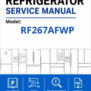 Samsung rf267afwp service manual cover with model code and showing a line drawing of the refrigerator