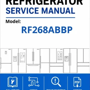 Samsung rf268abbp service manual cover with model code and showing a line drawing of the refrigerator