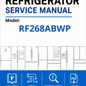 Samsung rf268abwp service manual cover with model code and showing a line drawing of the refrigerator