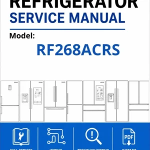 Samsung rf268acrs service manual cover with model code and showing a line drawing of the refrigerator