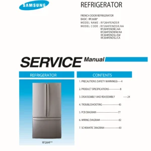 Samsung rf26hfendbc rf26hfendww rf26hfendsl rf26hfendsl rf26hfendsr service manual cover with model code and showing a line drawing of the refrigerator