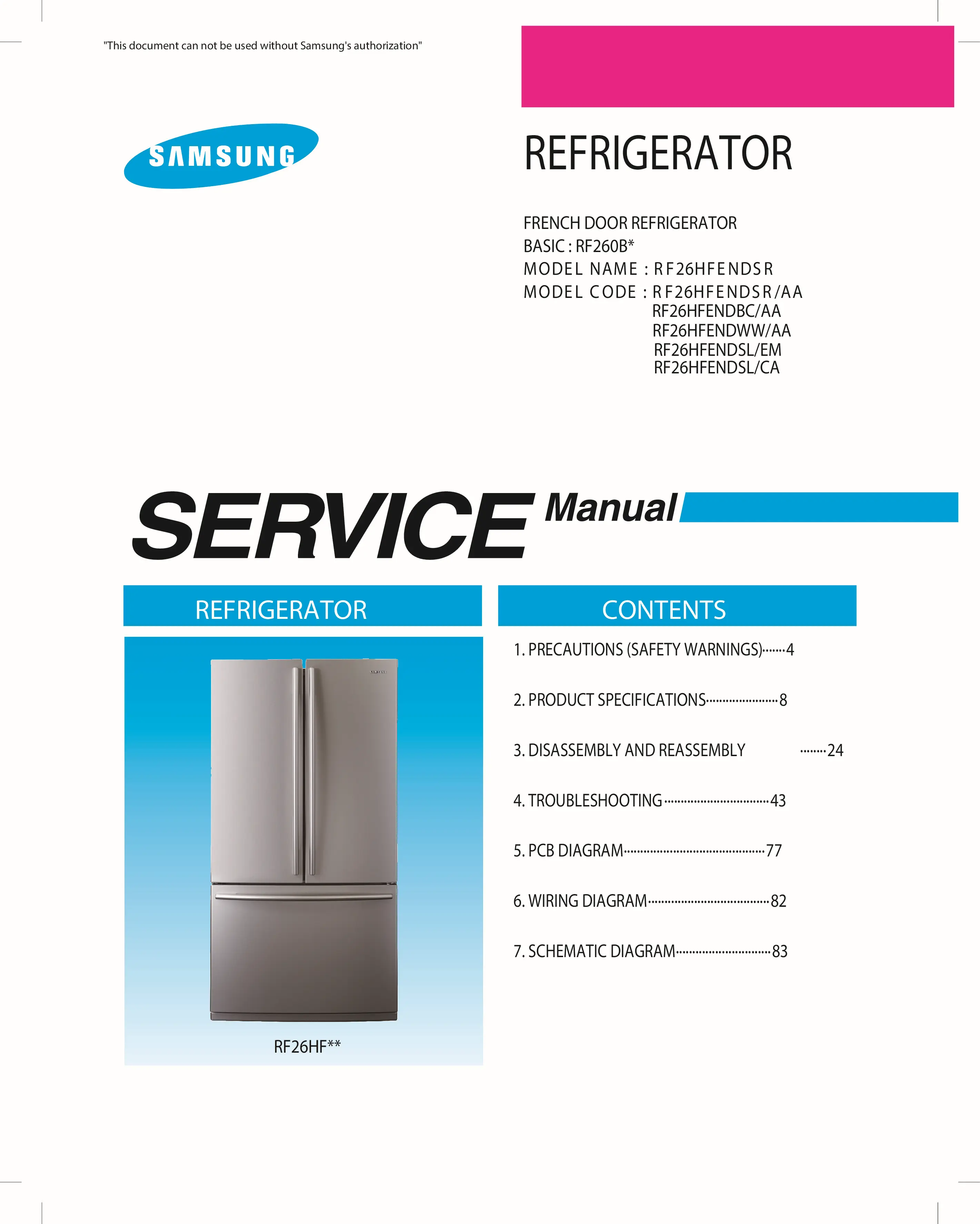 Samsung rf26hfendbc rf26hfendww rf26hfendsl rf26hfendsl rf26hfendsr service manual cover with model code and showing a line drawing of the refrigerator