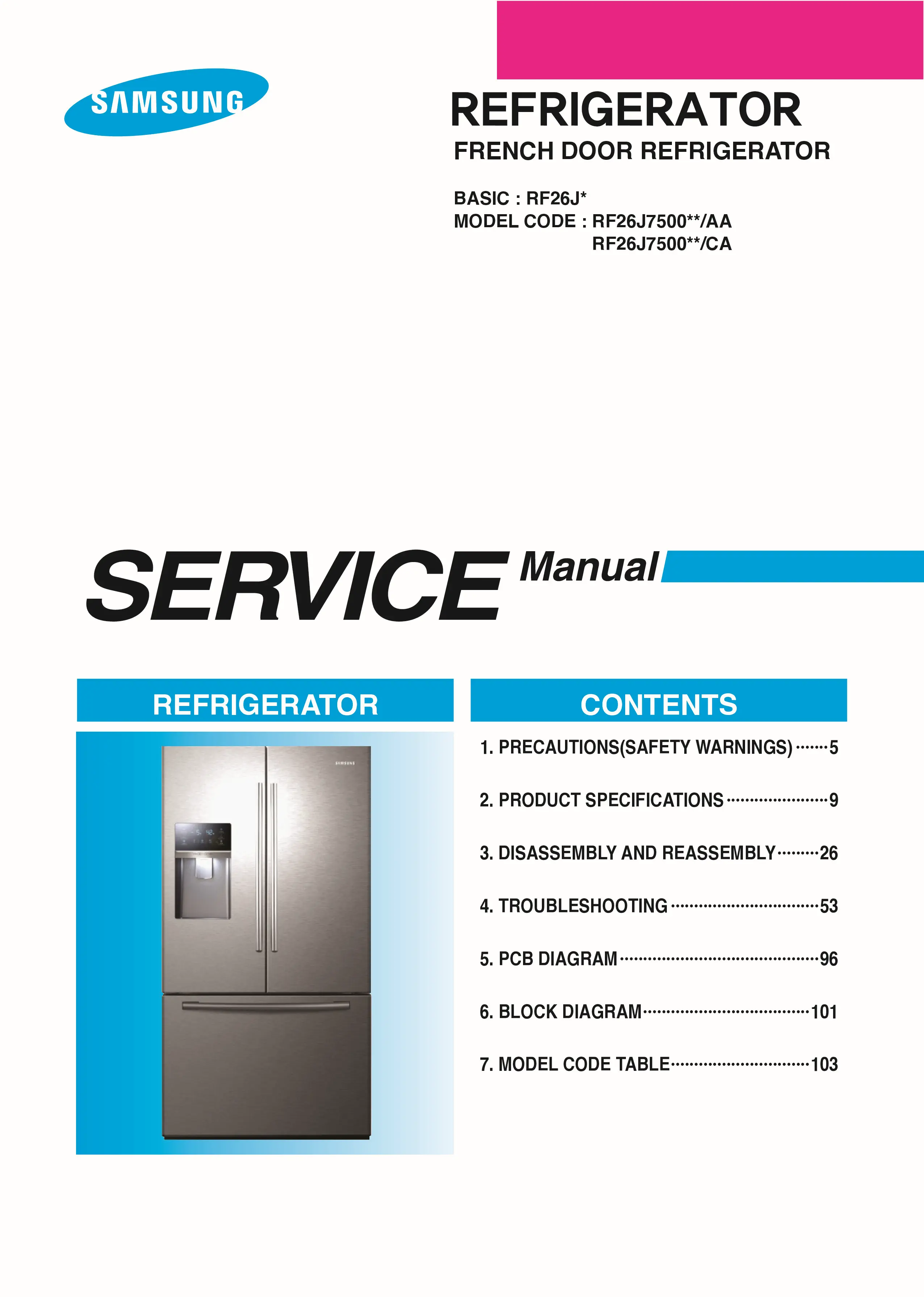 Samsung rf26j7500 rf26j7500sr rf26j7500sww service manual cover with model code and showing a line drawing of the refrigerator