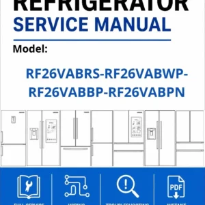Samsung rf26vabrs rf26vabwp rf26vabbp rf26vabpn service manual cover with model code and showing a line drawing of the refrigerator