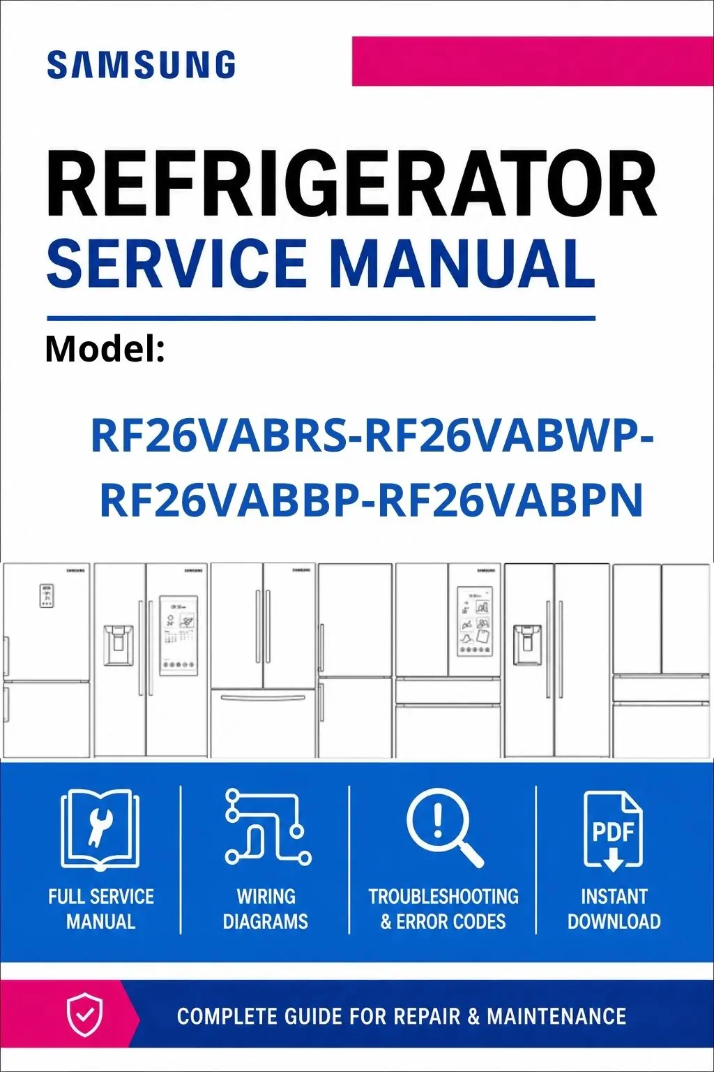 Samsung rf26vabrs rf26vabwp rf26vabbp rf26vabpn service manual cover with model code and showing a line drawing of the refrigerator