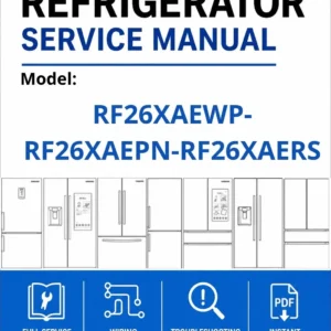 Samsung rf26xaewp rf26xaepn rf26xaers service manual cover with model code and showing a line drawing of the refrigerator