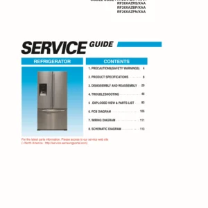 Samsung rf26xazwp rf26xazrs rf26xazbp rf26xazpn service manual cover with model code and showing a line drawing of the refrigerator
