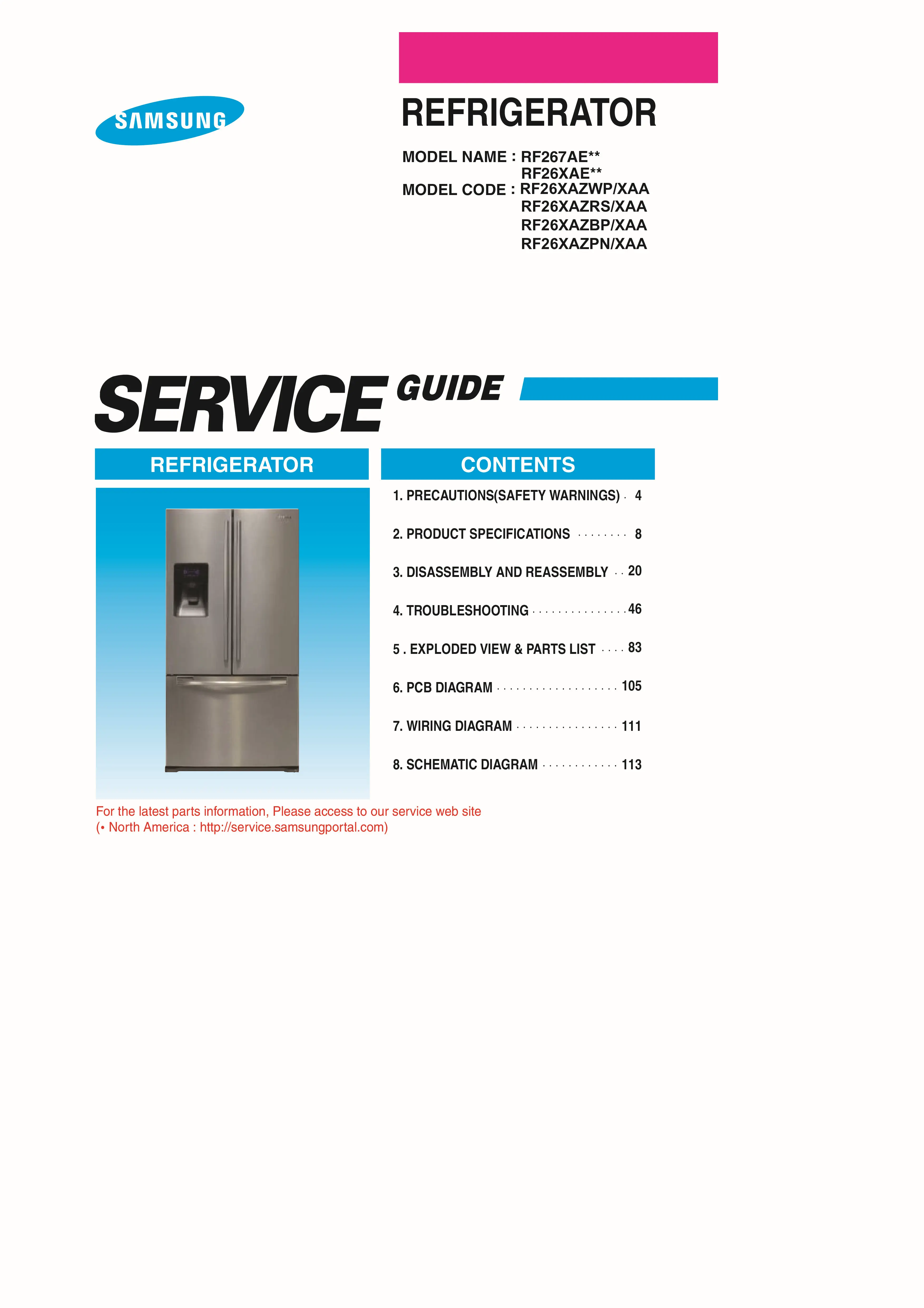 Samsung rf26xazwp rf26xazrs rf26xazbp rf26xazpn service manual cover with model code and showing a line drawing of the refrigerator