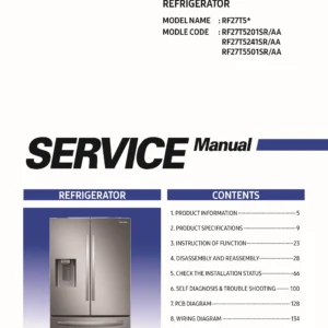Samsung rf27t5201sr rf27t5241sr rf27t5501sr service manual cover with model code and showing a line drawing of the refrigerator