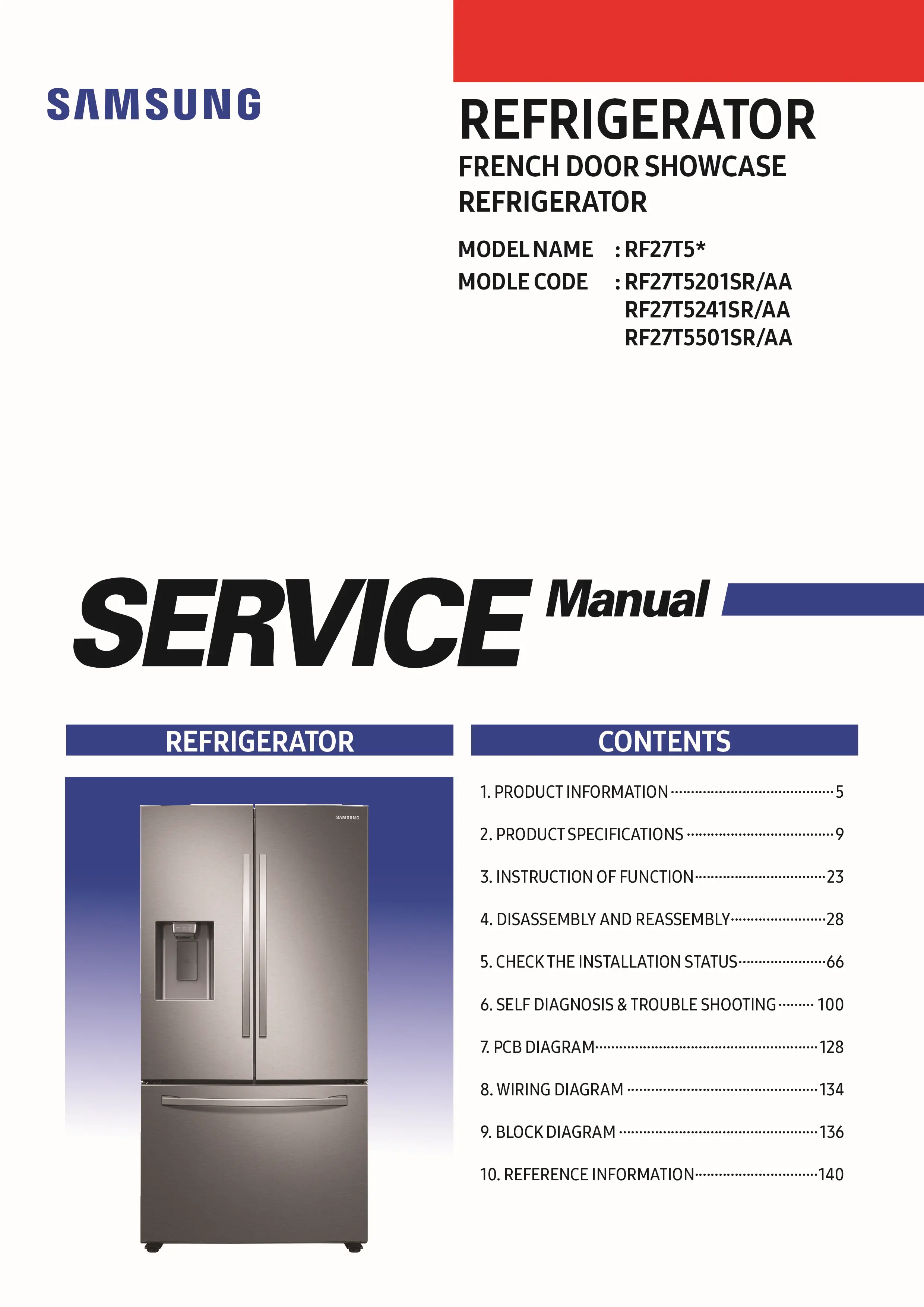 Samsung rf27t5201sr rf27t5241sr rf27t5501sr service manual cover with model code and showing a line drawing of the refrigerator