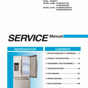 Samsung rf28hdedtsr rf28hdedbsr service manual cover with model code and showing a line drawing of the refrigerator