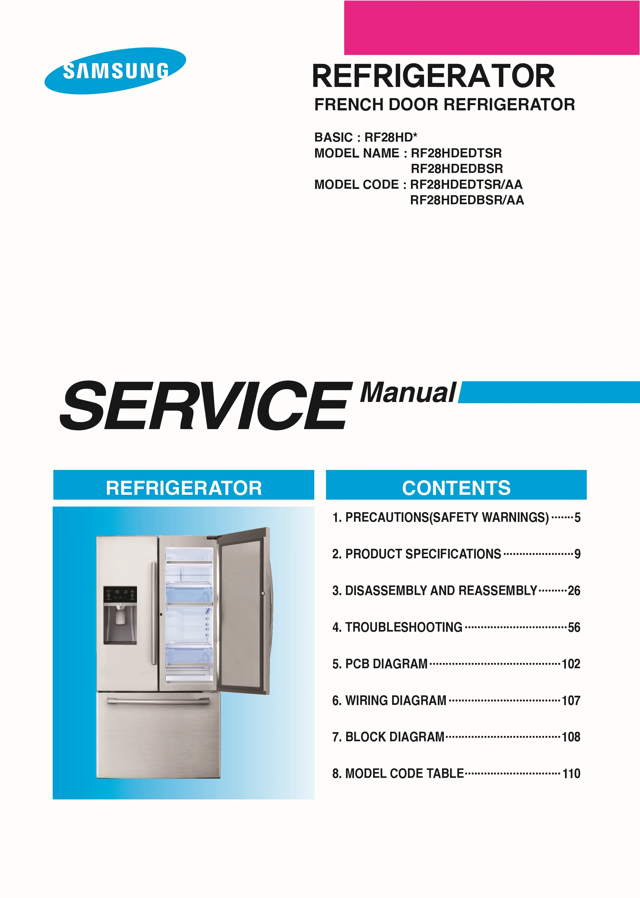Samsung rf28hdedtsr rf28hdedbsr service manual cover with model code and showing a line drawing of the refrigerator