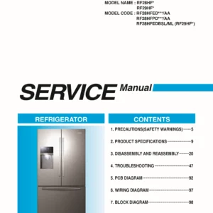 Samsung rf28hfedbsr rf28hfedtsr rf28hfpdbsr rf28hfedbs service manual cover with model code and showing a line drawing of the refrigerator