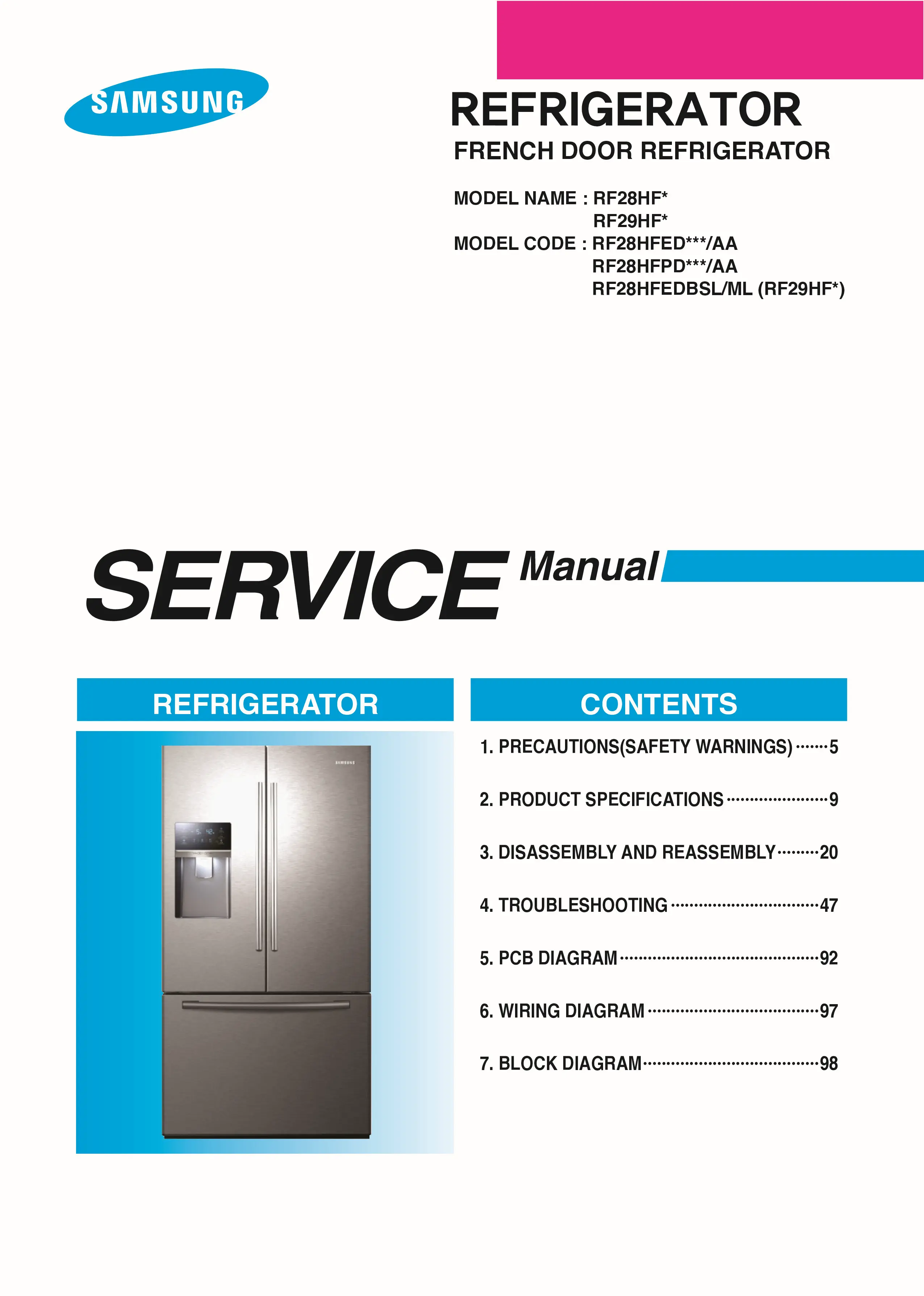 Samsung rf28hfedbsr rf28hfedtsr rf28hfpdbsr rf28hfedbs service manual cover with model code and showing a line drawing of the refrigerator