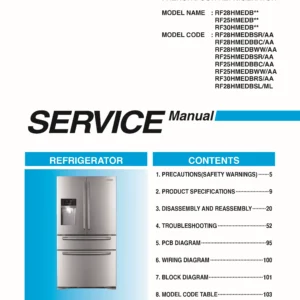 Samsung rf28hmedbsl rf30hmedbrs service manual cover with model code and showing a line drawing of the refrigerator