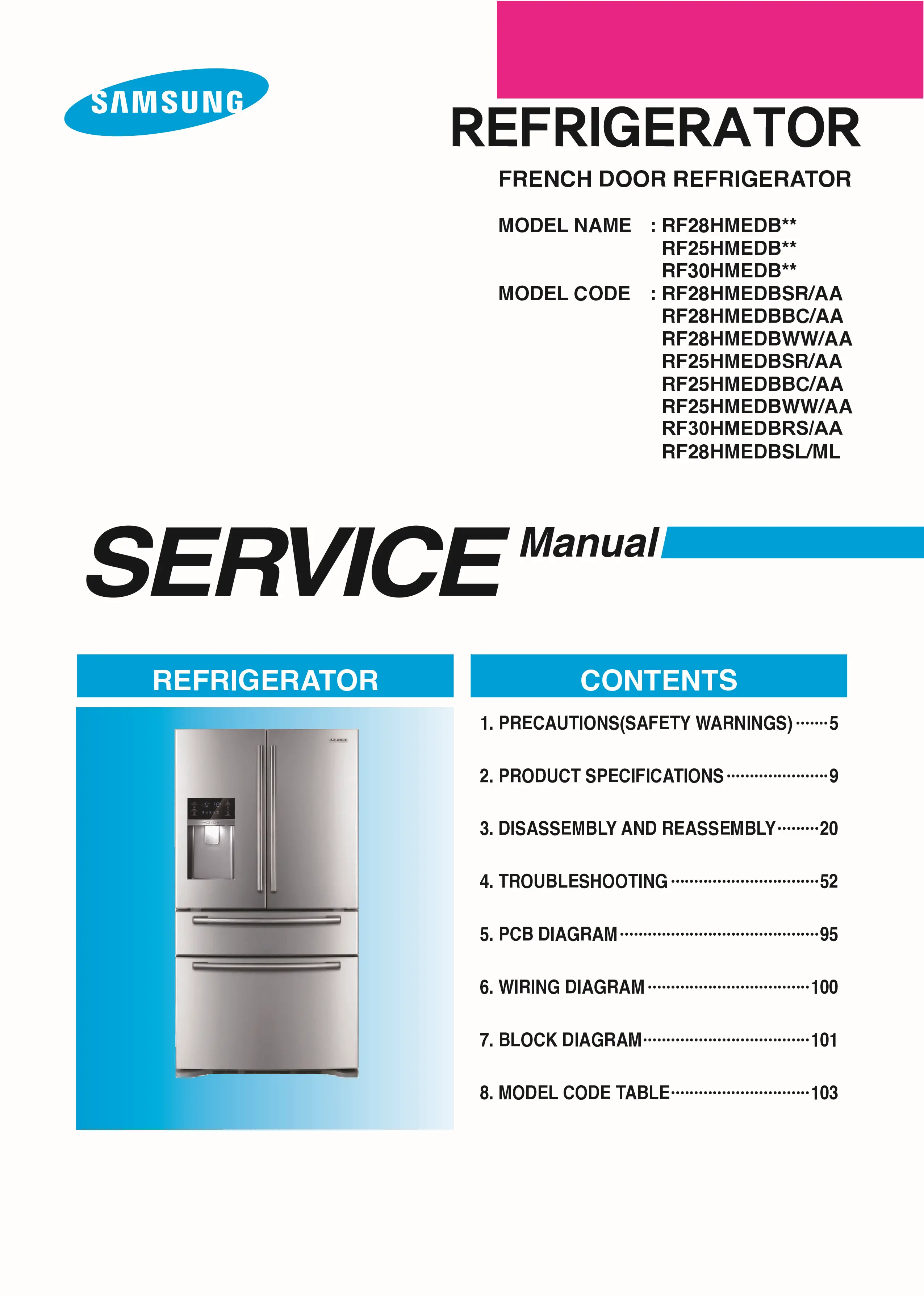 Samsung rf28hmedbsl rf30hmedbrs service manual cover with model code and showing a line drawing of the refrigerator