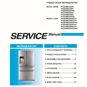 Samsung rf28hmedbsr rf28hmedbbc rf28hmedbww service manual cover with model code and showing a line drawing of the refrigerator