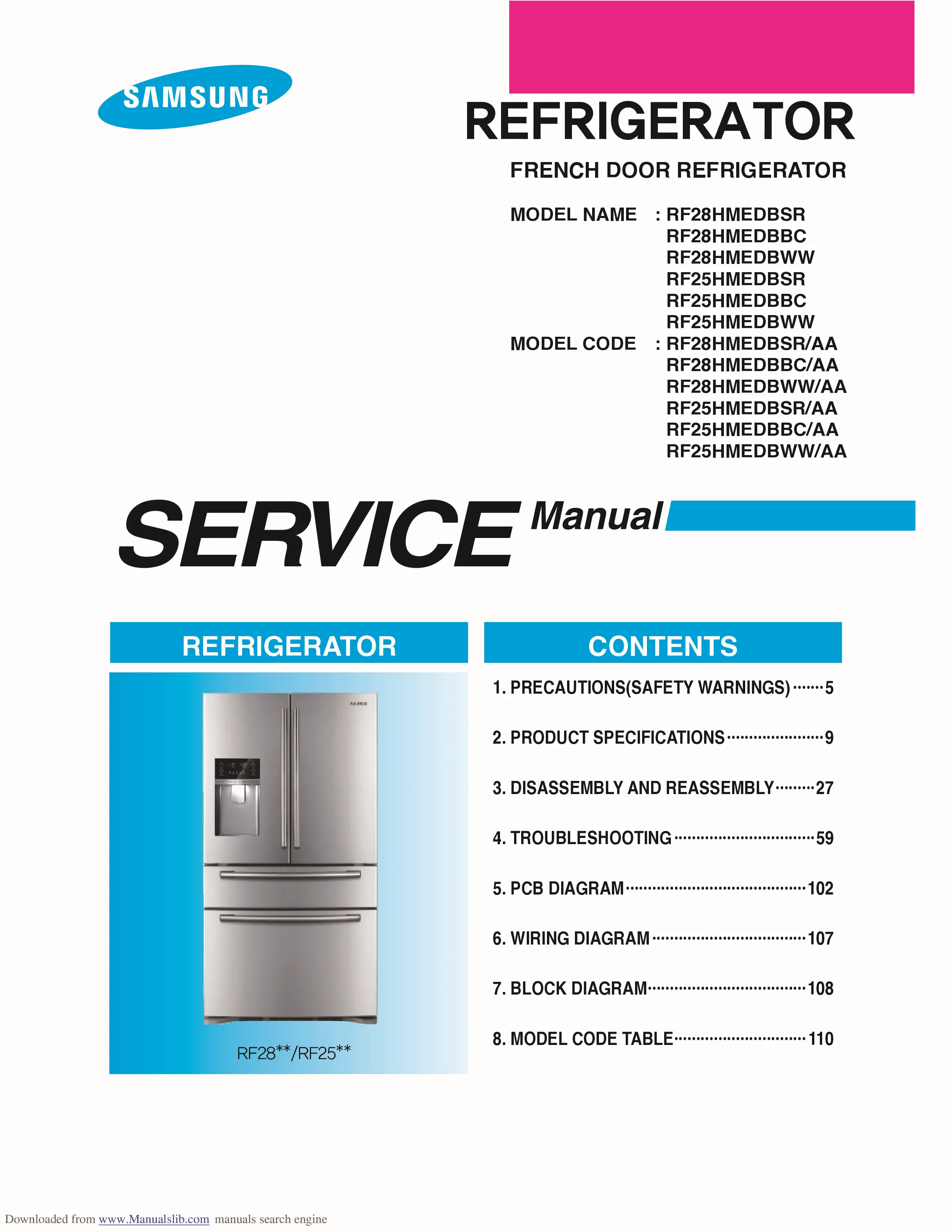 Samsung rf28hmedbsr rf28hmedbbc rf28hmedbww service manual cover with model code and showing a line drawing of the refrigerator