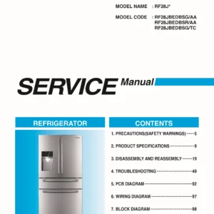 Samsung rf28jbedbsg rf28jbedbsr rf28jbedbsg service manual cover with model code and showing a line drawing of the refrigerator