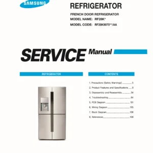 Samsung rf28k9070 rf28k9070sr rf28k9070sg service manual cover with model code and showing a line drawing of the refrigerator