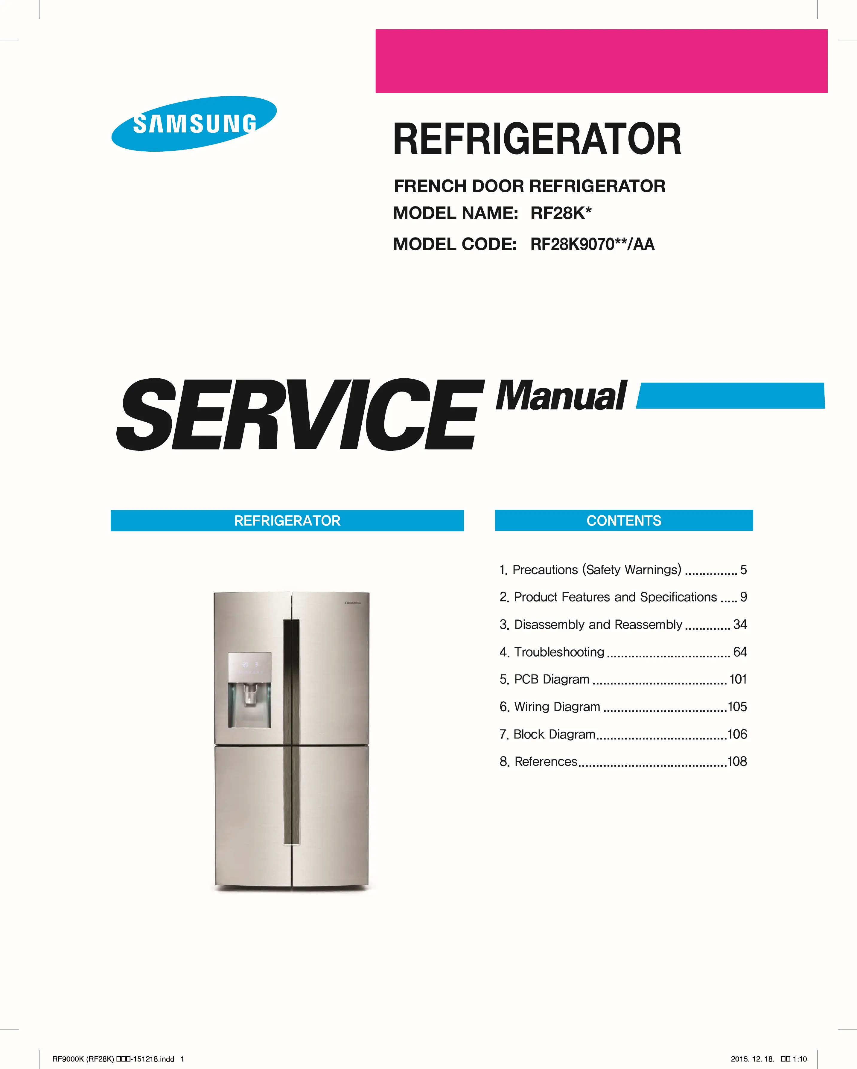 Samsung rf28k9070sg rf28k9070sr service manual cover with model code and showing a line drawing of the refrigerator