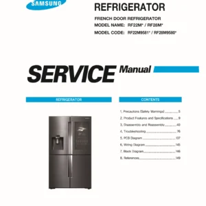 Samsung rf28m9580 rf28m9580sr rf28m9580sg service manual cover with model code and showing a line drawing of the refrigerator