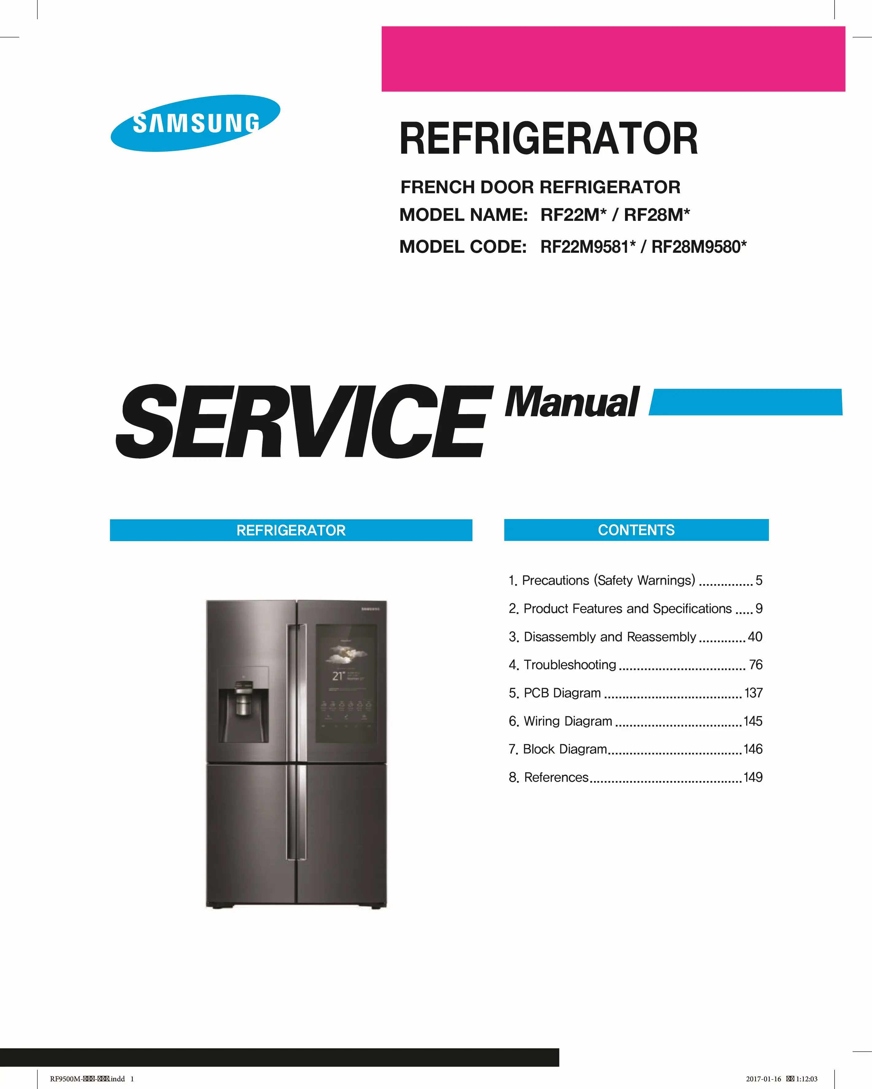Samsung rf28m9580 rf28m9580sr rf28m9580sg service manual cover with model code and showing a line drawing of the refrigerator