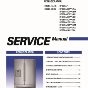 Samsung rf28r6301sr rf28r6201sr rf28r6202 rf28r6241 service manual cover with model code and showing a line drawing of the refrigerator