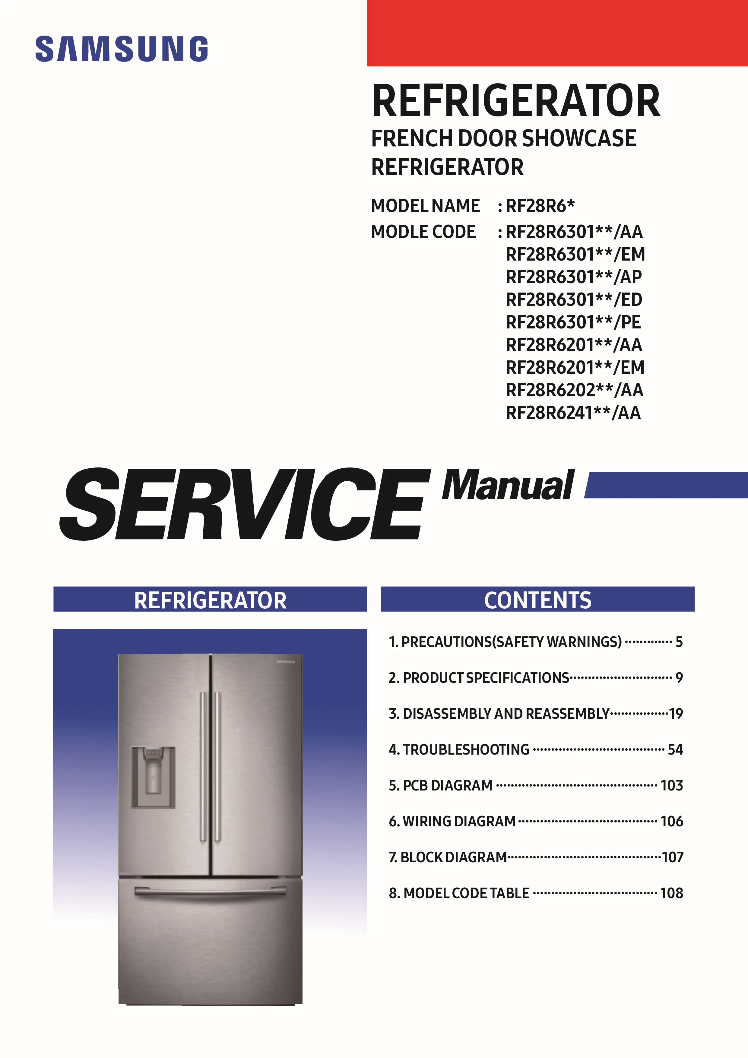 Samsung rf28r6301sr rf28r6201sr rf28r6202 rf28r6241 service manual cover with model code and showing a line drawing of the refrigerator