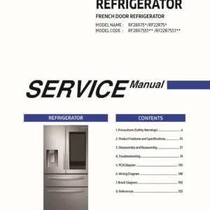 Samsung rf28r7551sg rf28r7551sr rf22r7551sg rf22r7551sr service manual cover with model code and showing a line drawing of the refrigerator
