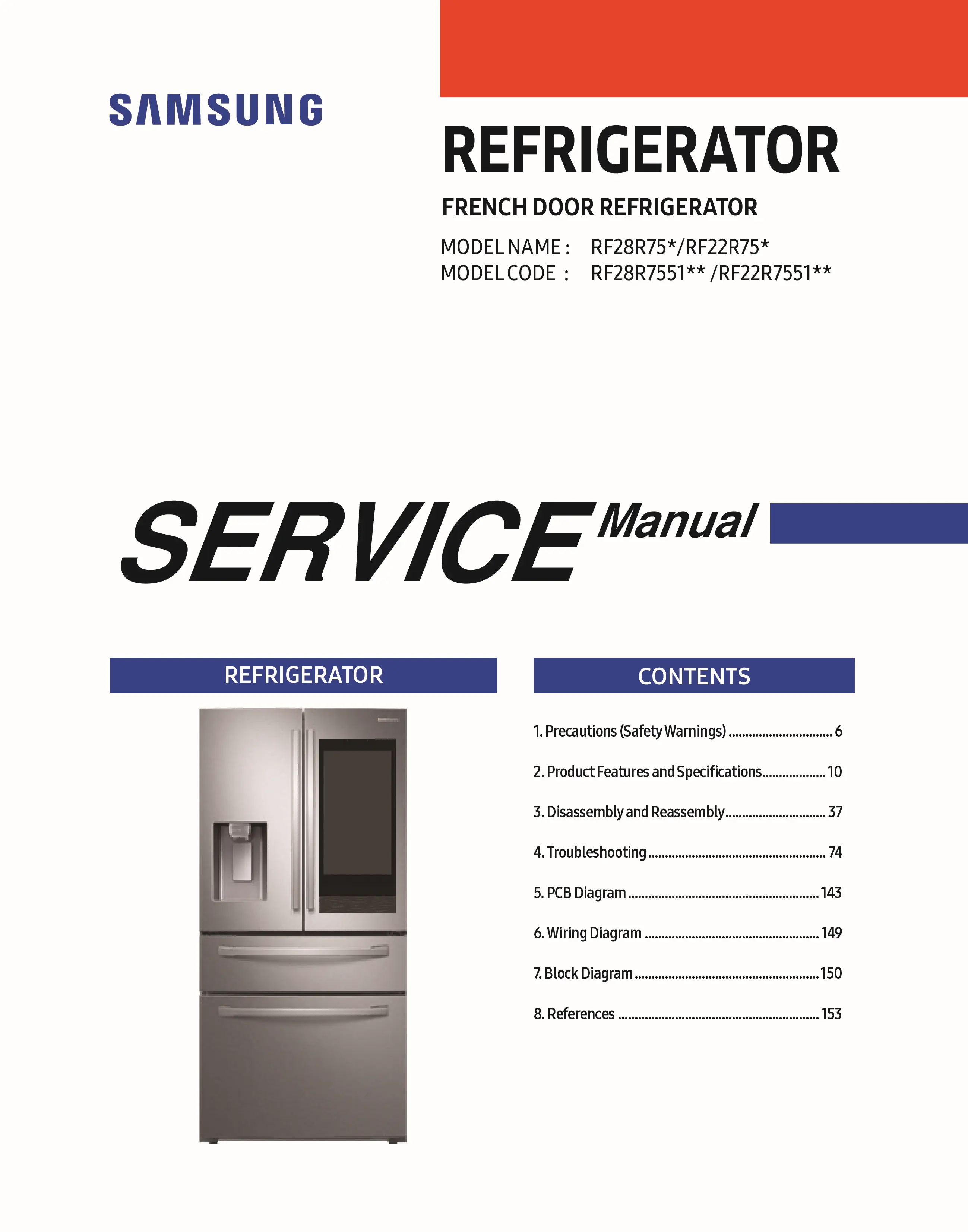 Samsung rf28r7551sg rf28r7551sr rf22r7551sg rf22r7551sr service manual cover with model code and showing a line drawing of the refrigerator