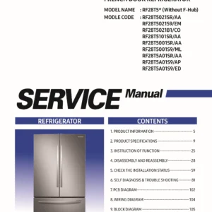 Samsung rf28t5021 rf28t5101 rf28t5001 rf28t5a01 service manual cover with model code and showing a line drawing of the refrigerator