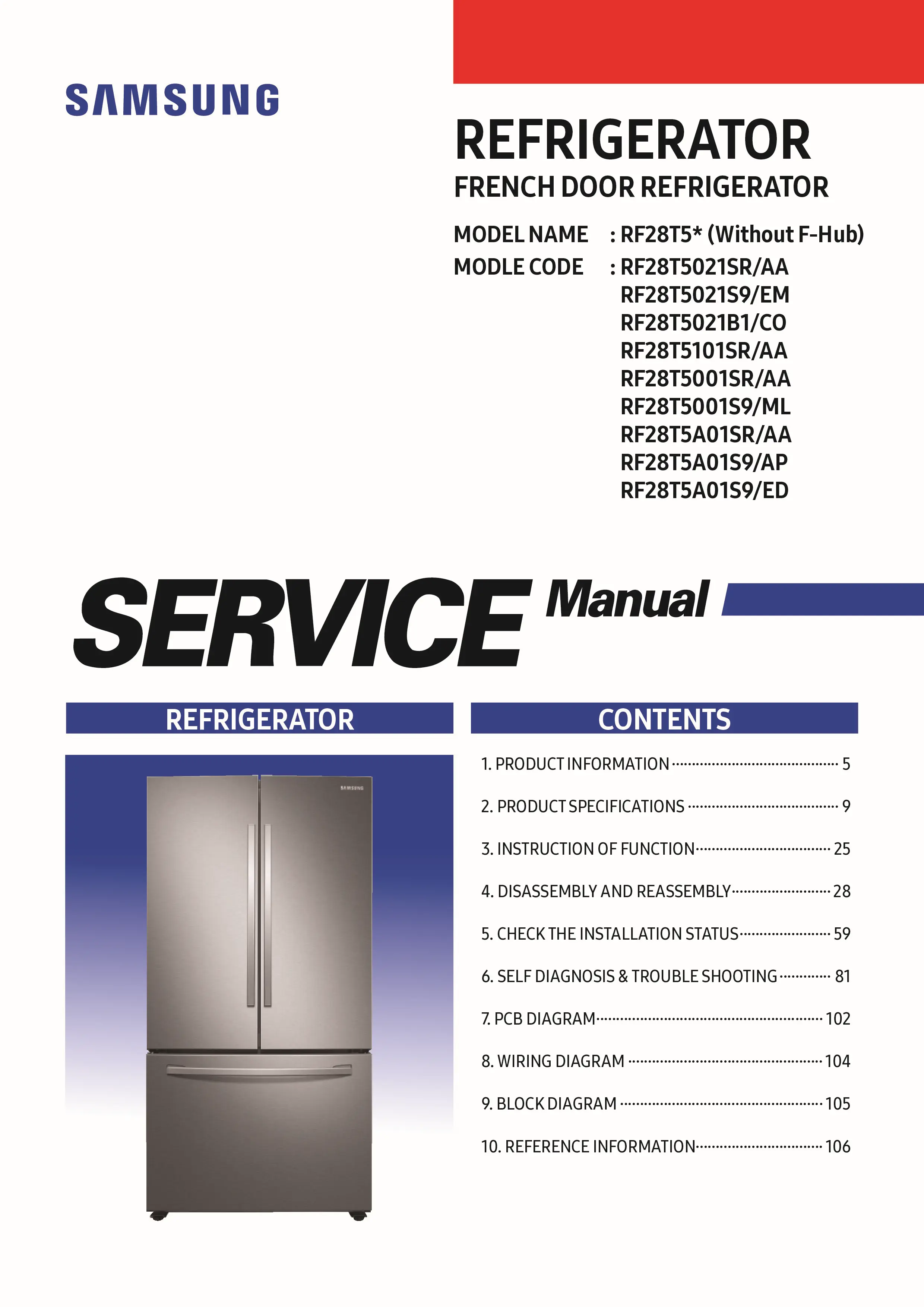 Samsung rf28t5021 rf28t5101 rf28t5001 rf28t5a01 service manual cover with model code and showing a line drawing of the refrigerator