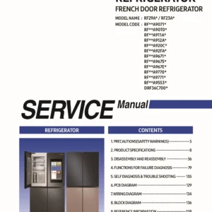 Samsung rf29a9071sr rf29a9071sg service manual cover with model code and showing a line drawing of the refrigerator