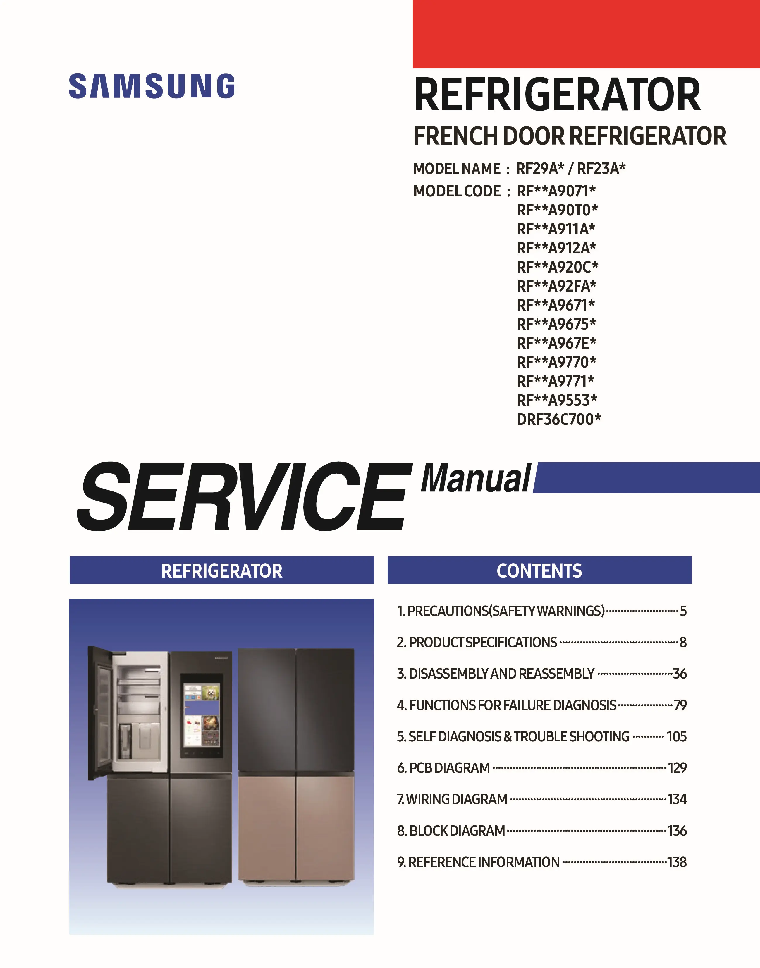 Samsung rf29a9671sr rf29a9671sg service manual cover with model code and showing a line drawing of the refrigerator