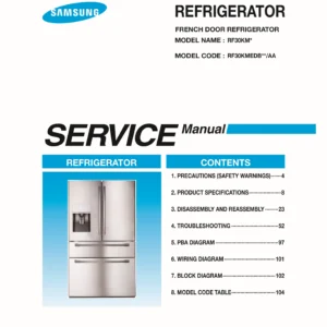 Samsung rf30kmedbsg rf30kmedbsr service manual cover with model code and showing a line drawing of the refrigerator