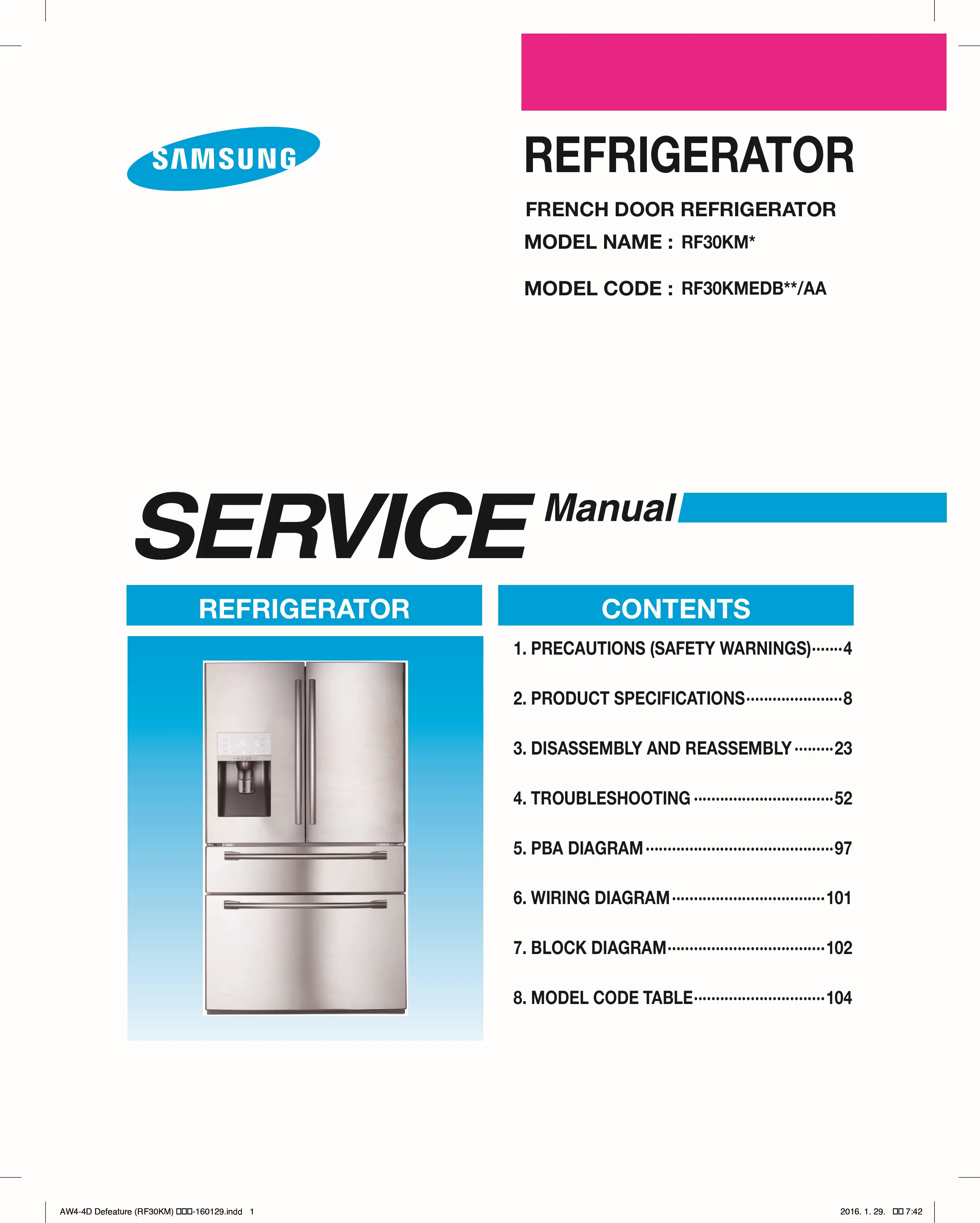 Samsung rf30kmedbsg rf30kmedbsr service manual cover with model code and showing a line drawing of the refrigerator