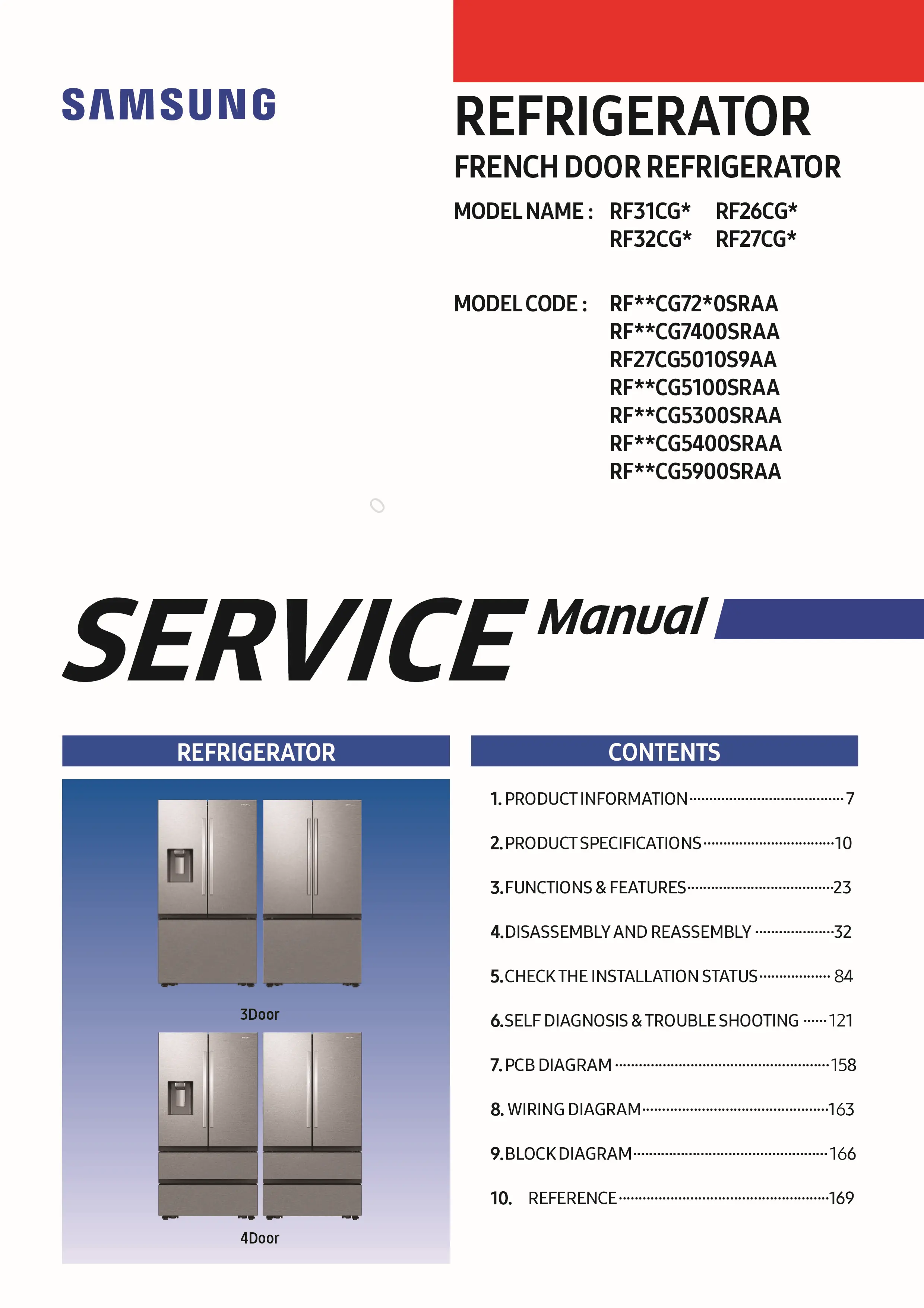 Samsung rf31cg7200sr rf31cg7220sr service manual cover with model code and showing a line drawing of the refrigerator