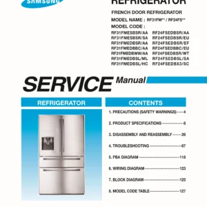 Samsung rf31fmesbsr rf31fmedbsr rf31fmedbbc rf31fmedbww rf31fmedbsl service manual cover with model code and showing a line drawing of the refrigerator