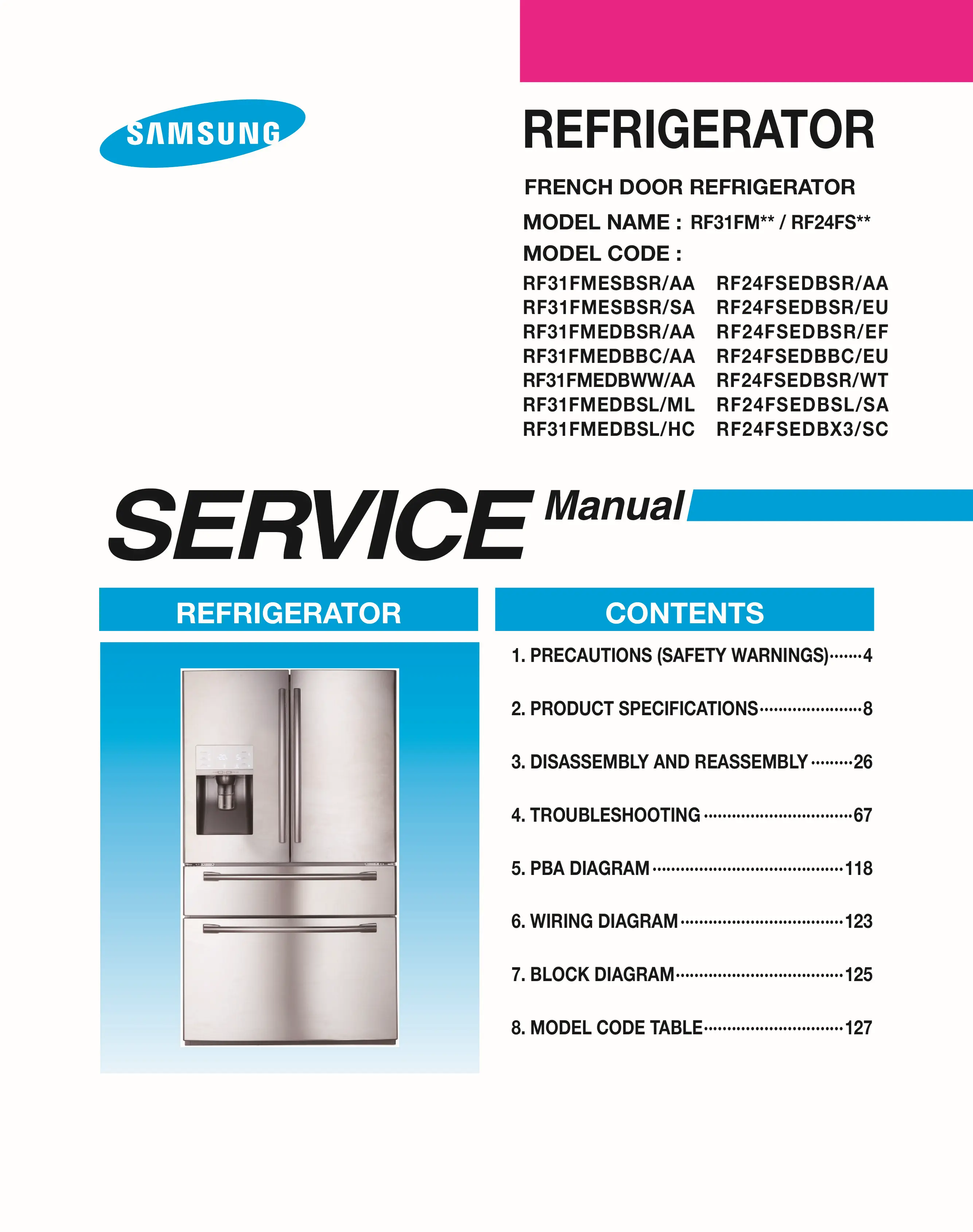 Samsung rf31fmesbsr rf31fmedbsr rf31fmedbbc rf31fmedbww rf31fmedbsl service manual cover with model code and showing a line drawing of the refrigerator