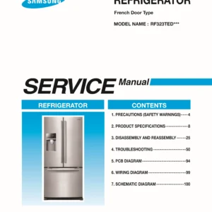 Samsung rf323tedbbc rf323tedbsr rf323tedbww service manual cover with model code and showing a line drawing of the refrigerator