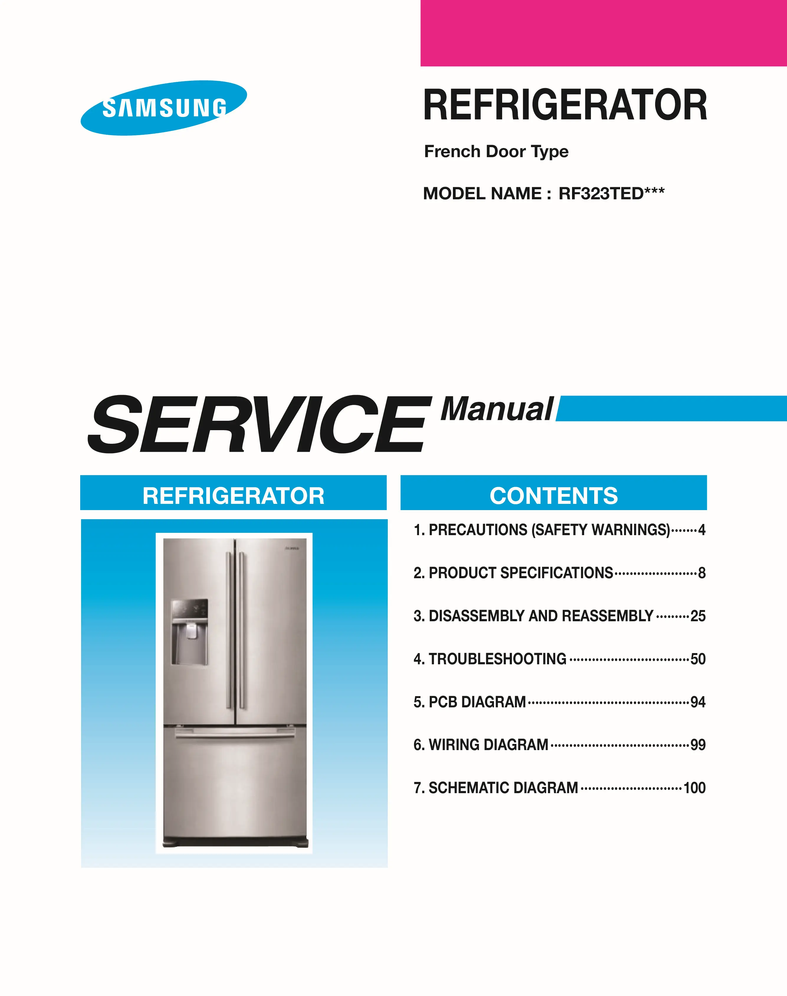 Samsung rf323tedbbc rf323tedbsr rf323tedbww service manual cover with model code and showing a line drawing of the refrigerator