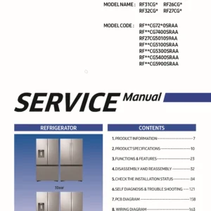 Samsung rf32cg5400sr rf327cg5400sr rf32cg5900sr service manual cover with model code and showing a line drawing of the refrigerator